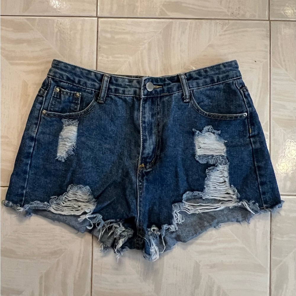 Shein Women’s Pudr Jeans Blue Denim Ripped/Distressed Shorts - Picture 1 of 4
